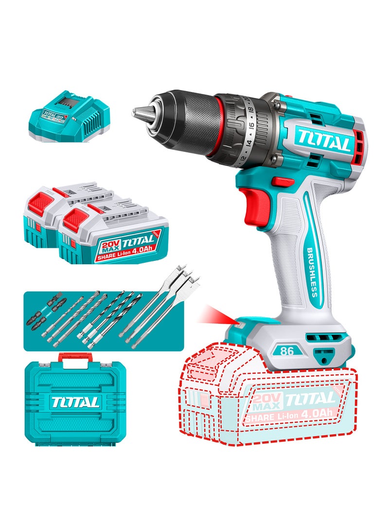 TOTAL 20V Brushless Cordless Impact Drill, 86Nm Max Torque, 2-Speed, 13mm Metal Chuck, with 2x4.0Ah Batteries, Charger, Drill Bits Set, Carrying Case - Image 1